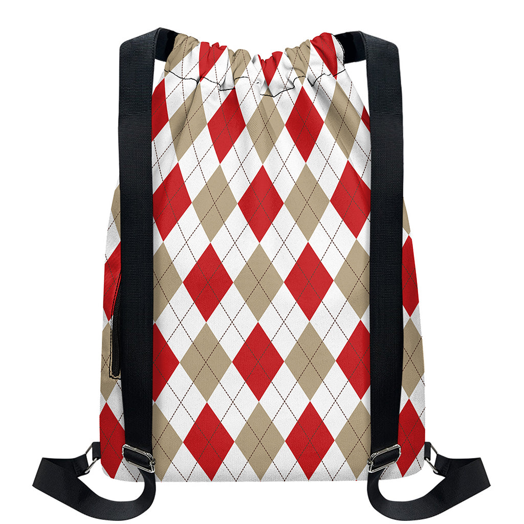 White Red And Beige Argyle Pattern Print Drawstring Backpack