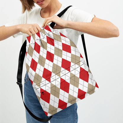 White Red And Beige Argyle Pattern Print Drawstring Backpack