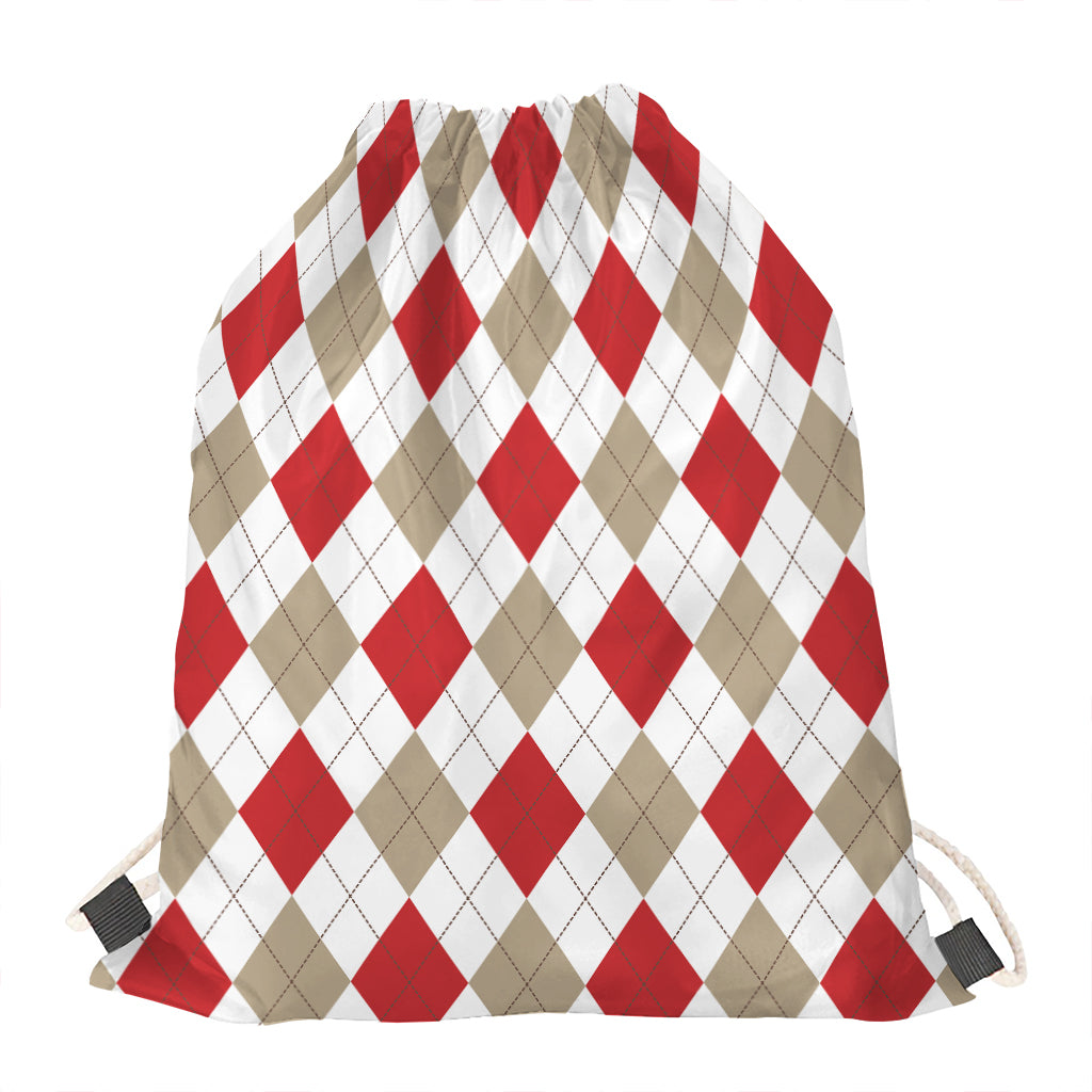 White Red And Beige Argyle Pattern Print Drawstring Bag