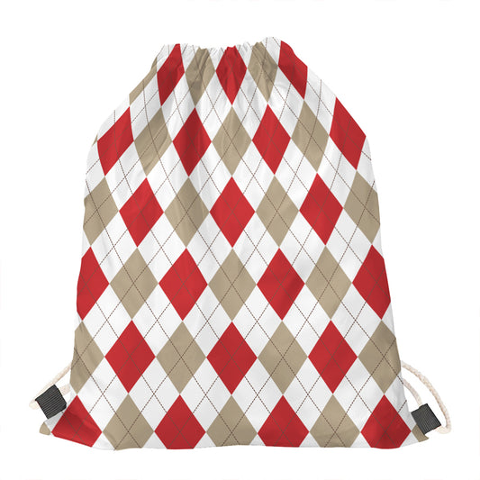 White Red And Beige Argyle Pattern Print Drawstring Bag