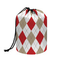 White Red And Beige Argyle Pattern Print Drawstring Makeup Bag