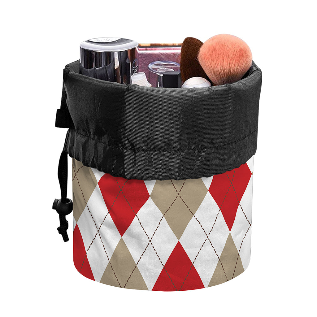 White Red And Beige Argyle Pattern Print Drawstring Makeup Bag