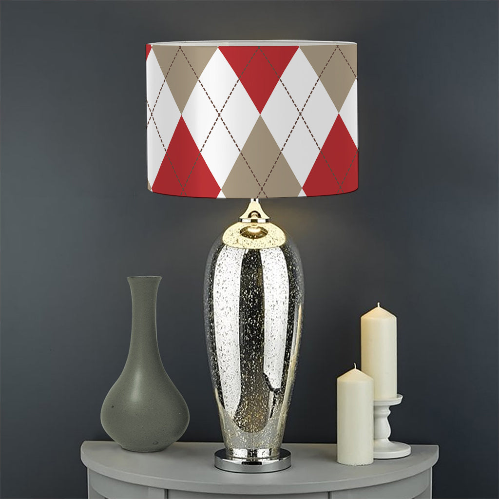 White Red And Beige Argyle Pattern Print Drum Lamp Shade