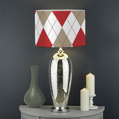 White Red And Beige Argyle Pattern Print Drum Lamp Shade