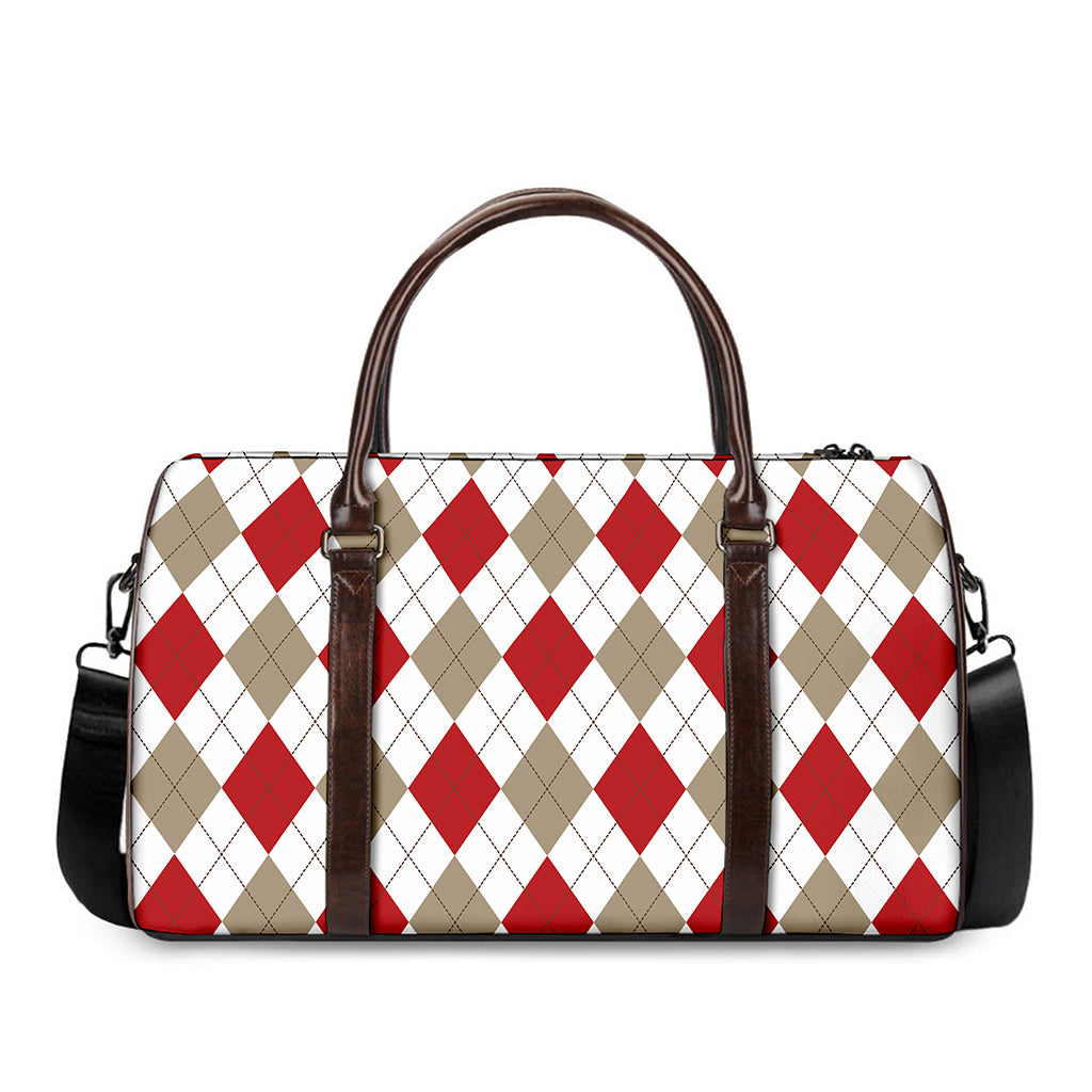 White Red And Beige Argyle Pattern Print Duffle Bag