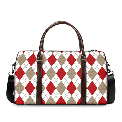 White Red And Beige Argyle Pattern Print Duffle Bag