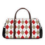 White Red And Beige Argyle Pattern Print Duffle Bag
