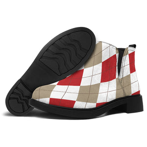 White Red And Beige Argyle Pattern Print Flat Ankle Boots