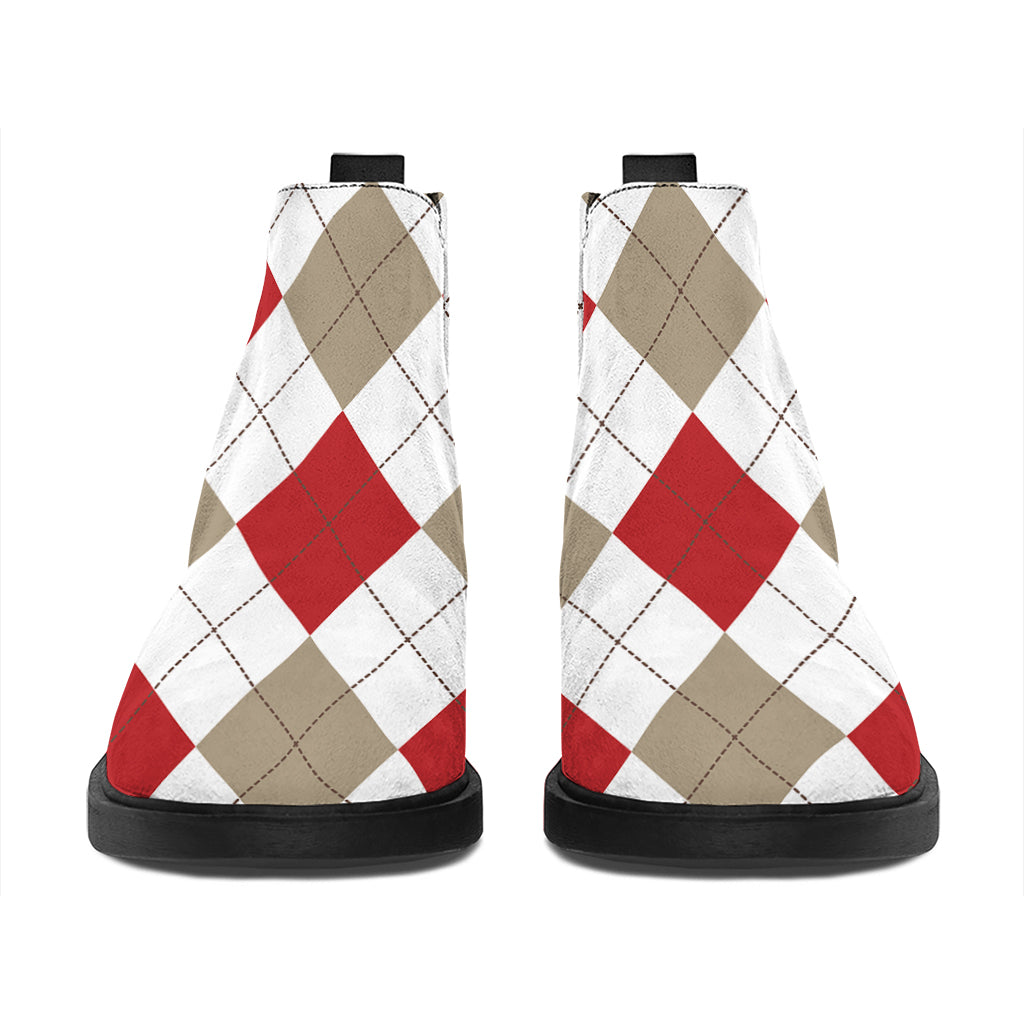 White Red And Beige Argyle Pattern Print Flat Ankle Boots