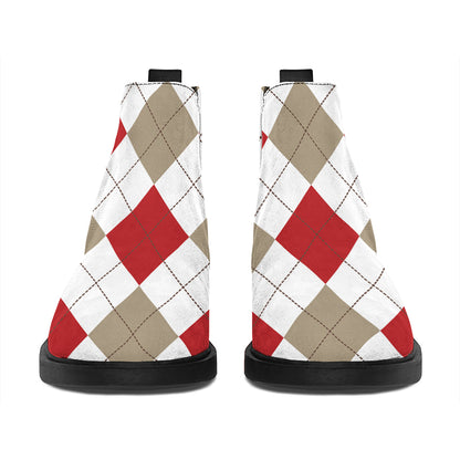 White Red And Beige Argyle Pattern Print Flat Ankle Boots