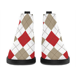 White Red And Beige Argyle Pattern Print Flat Ankle Boots