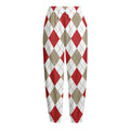 White Red And Beige Argyle Pattern Print Fleece Lined Knit Pants