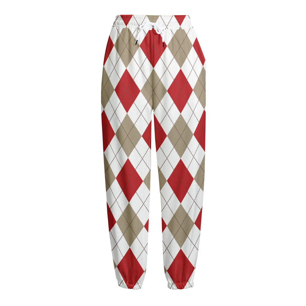 White Red And Beige Argyle Pattern Print Fleece Lined Knit Pants