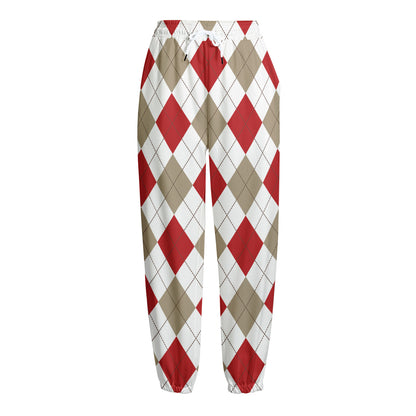 White Red And Beige Argyle Pattern Print Fleece Lined Knit Pants