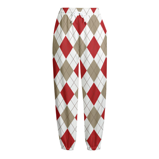 White Red And Beige Argyle Pattern Print Fleece Lined Knit Pants