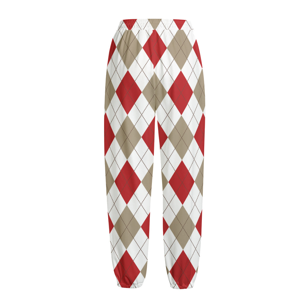 White Red And Beige Argyle Pattern Print Fleece Lined Knit Pants