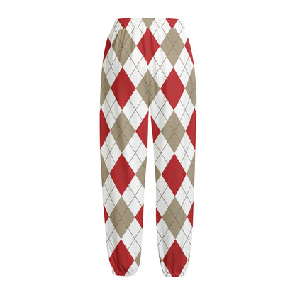 White Red And Beige Argyle Pattern Print Fleece Lined Knit Pants