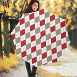 White Red And Beige Argyle Pattern Print Foldable Umbrella