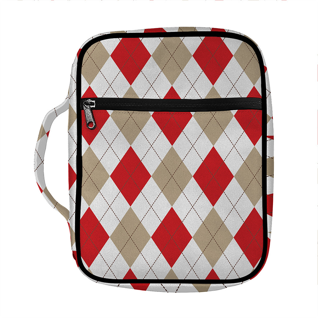 White Red And Beige Argyle Pattern Print Front Pocket Bible Bag