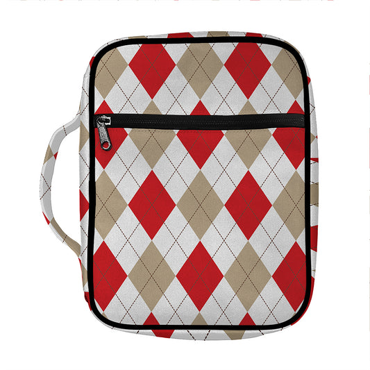 White Red And Beige Argyle Pattern Print Front Pocket Bible Bag