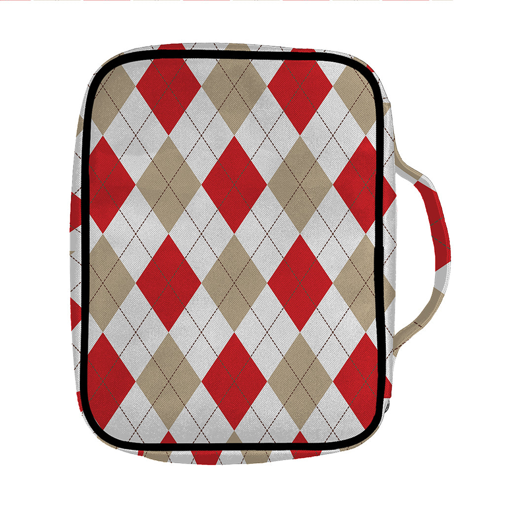 White Red And Beige Argyle Pattern Print Front Pocket Bible Bag