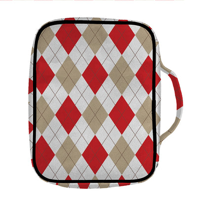 White Red And Beige Argyle Pattern Print Front Pocket Bible Bag