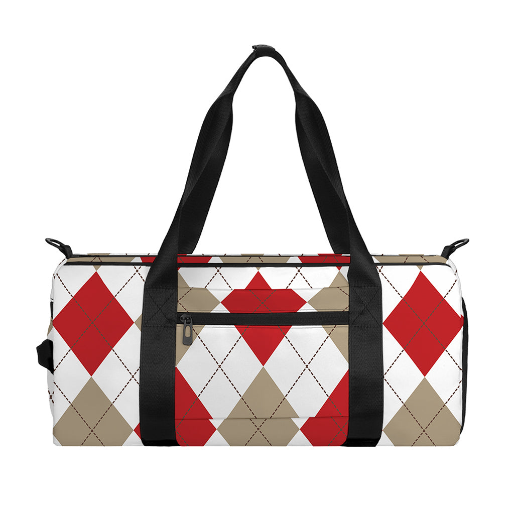 White Red And Beige Argyle Pattern Print Gym Bag