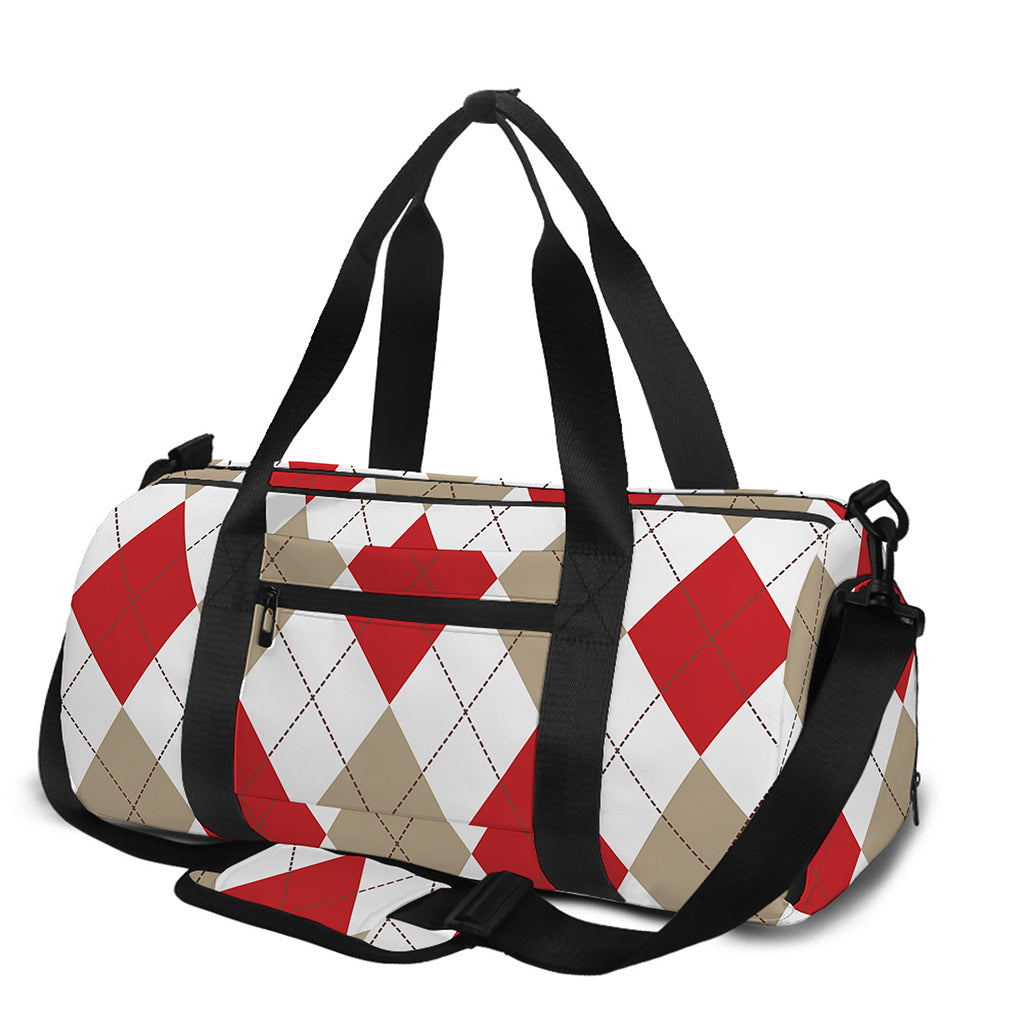 White Red And Beige Argyle Pattern Print Gym Bag