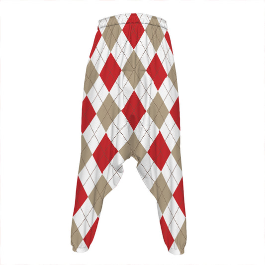 White Red And Beige Argyle Pattern Print Hammer Pants
