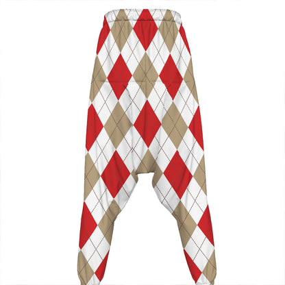 White Red And Beige Argyle Pattern Print Hammer Pants