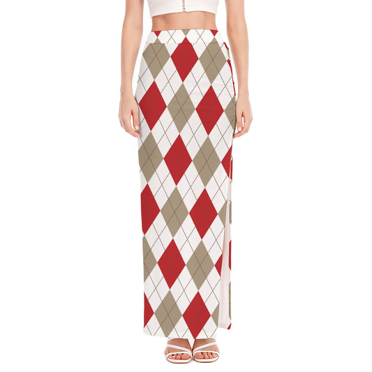 White Red And Beige Argyle Pattern Print High Slit Maxi Skirt