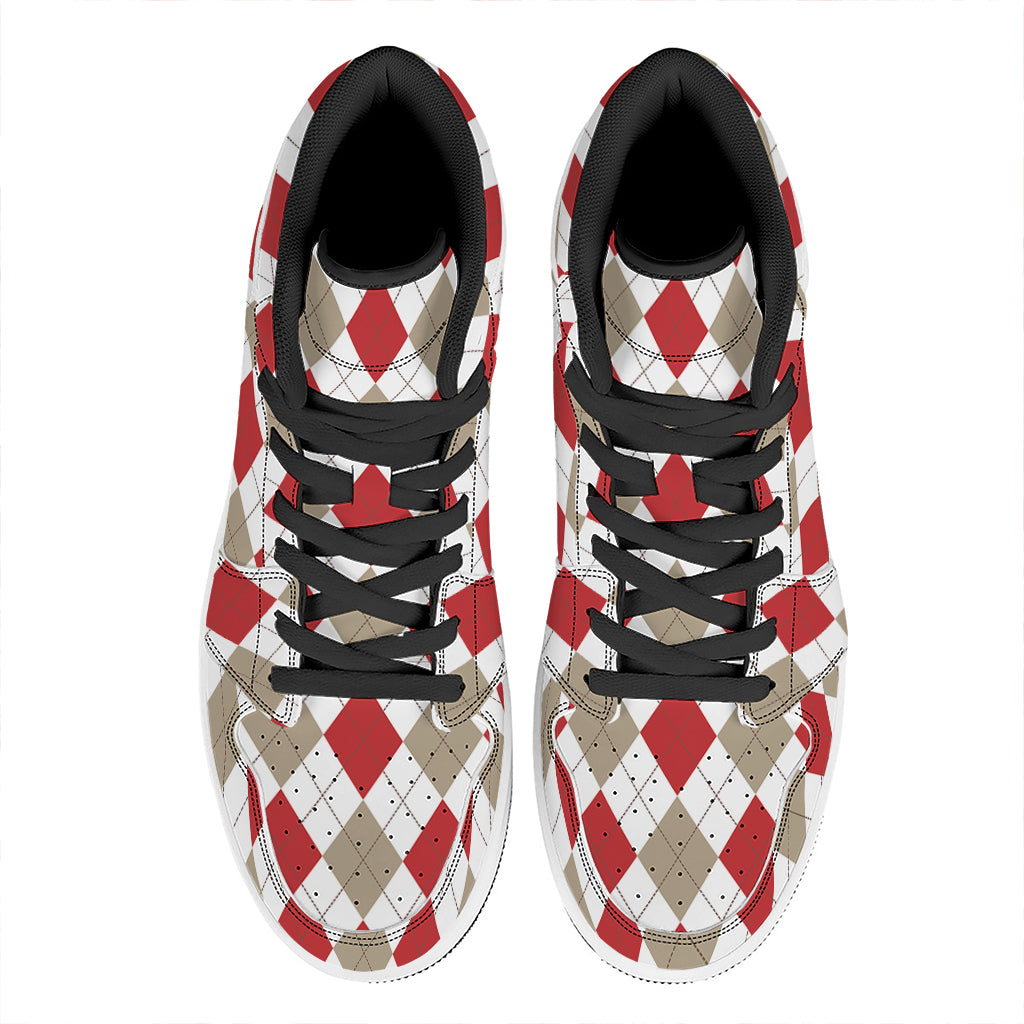 White Red And Beige Argyle Pattern Print High Top Leather Sneakers