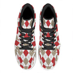 White Red And Beige Argyle Pattern Print High Top Leather Sneakers
