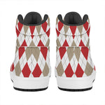 White Red And Beige Argyle Pattern Print High Top Leather Sneakers