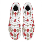 White Red And Beige Argyle Pattern Print High Top Leather Sneakers