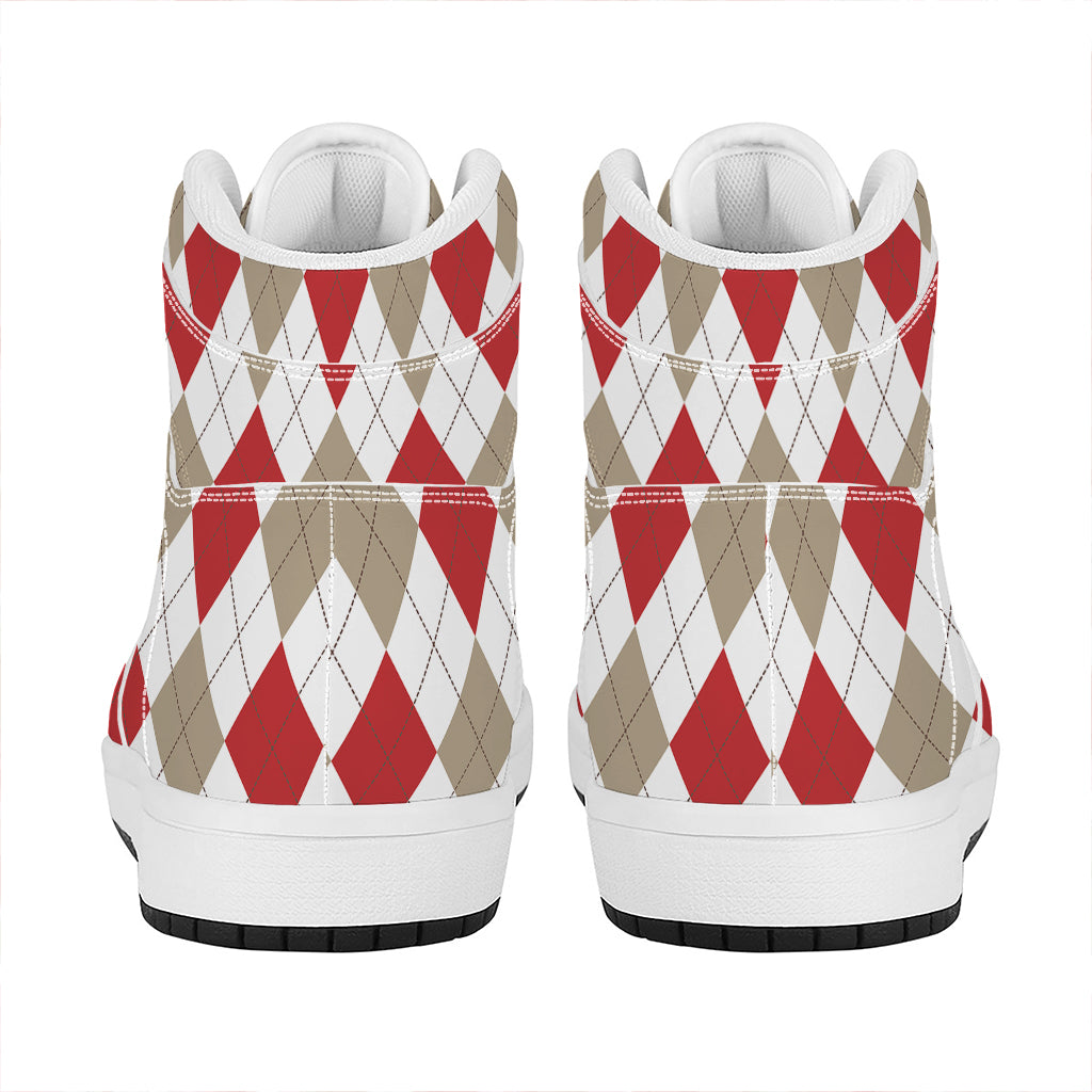White Red And Beige Argyle Pattern Print High Top Leather Sneakers