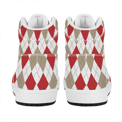 White Red And Beige Argyle Pattern Print High Top Leather Sneakers