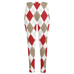 White Red And Beige Argyle Pattern Print High-Waisted Pocket Leggings