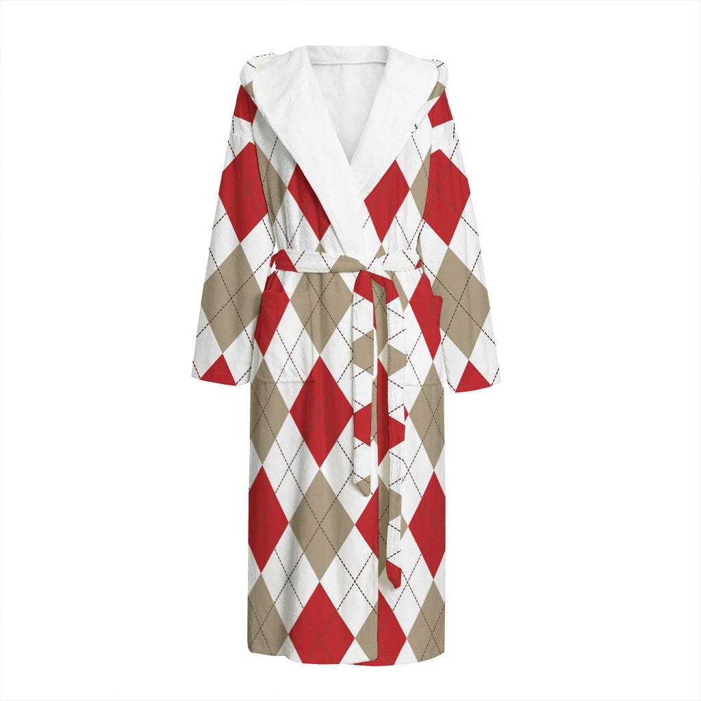 White Red And Beige Argyle Pattern Print Hooded Bathrobe