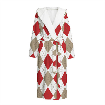 White Red And Beige Argyle Pattern Print Hooded Bathrobe