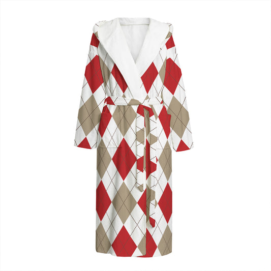 White Red And Beige Argyle Pattern Print Hooded Bathrobe