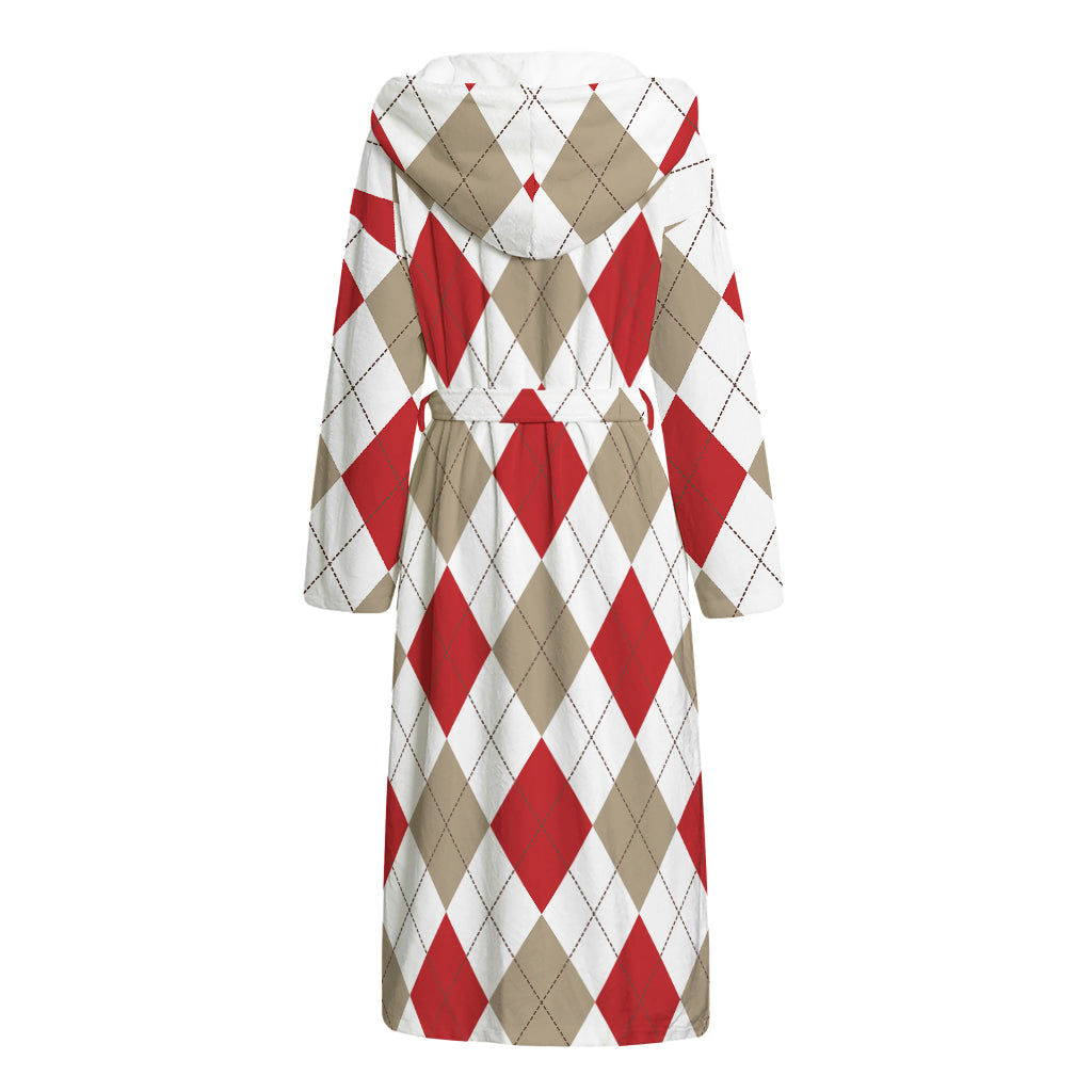 White Red And Beige Argyle Pattern Print Hooded Bathrobe