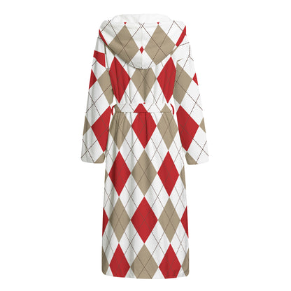 White Red And Beige Argyle Pattern Print Hooded Bathrobe