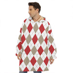 White Red And Beige Argyle Pattern Print Hoodie Blanket