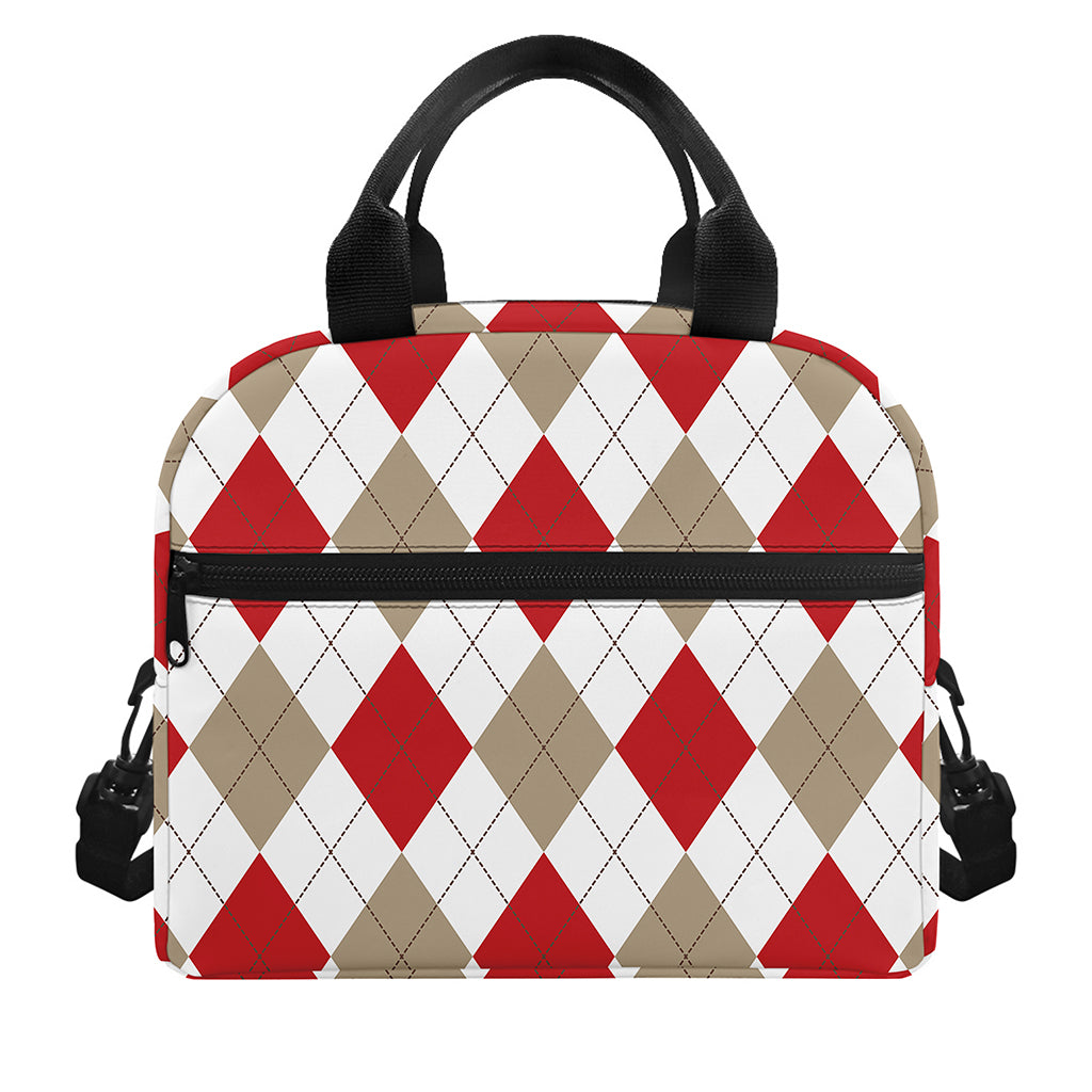 White Red And Beige Argyle Pattern Print Insulated Lunch Bag