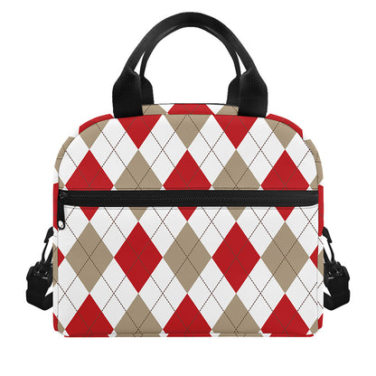 White Red And Beige Argyle Pattern Print Insulated Lunch Bag