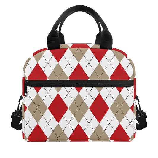 White Red And Beige Argyle Pattern Print Insulated Lunch Bag