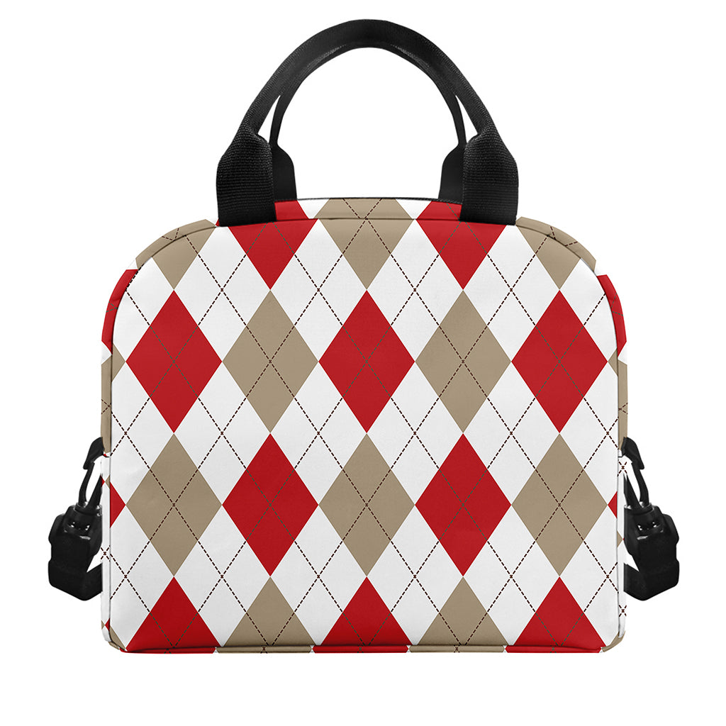 White Red And Beige Argyle Pattern Print Insulated Lunch Bag