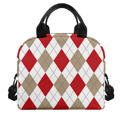 White Red And Beige Argyle Pattern Print Insulated Lunch Bag