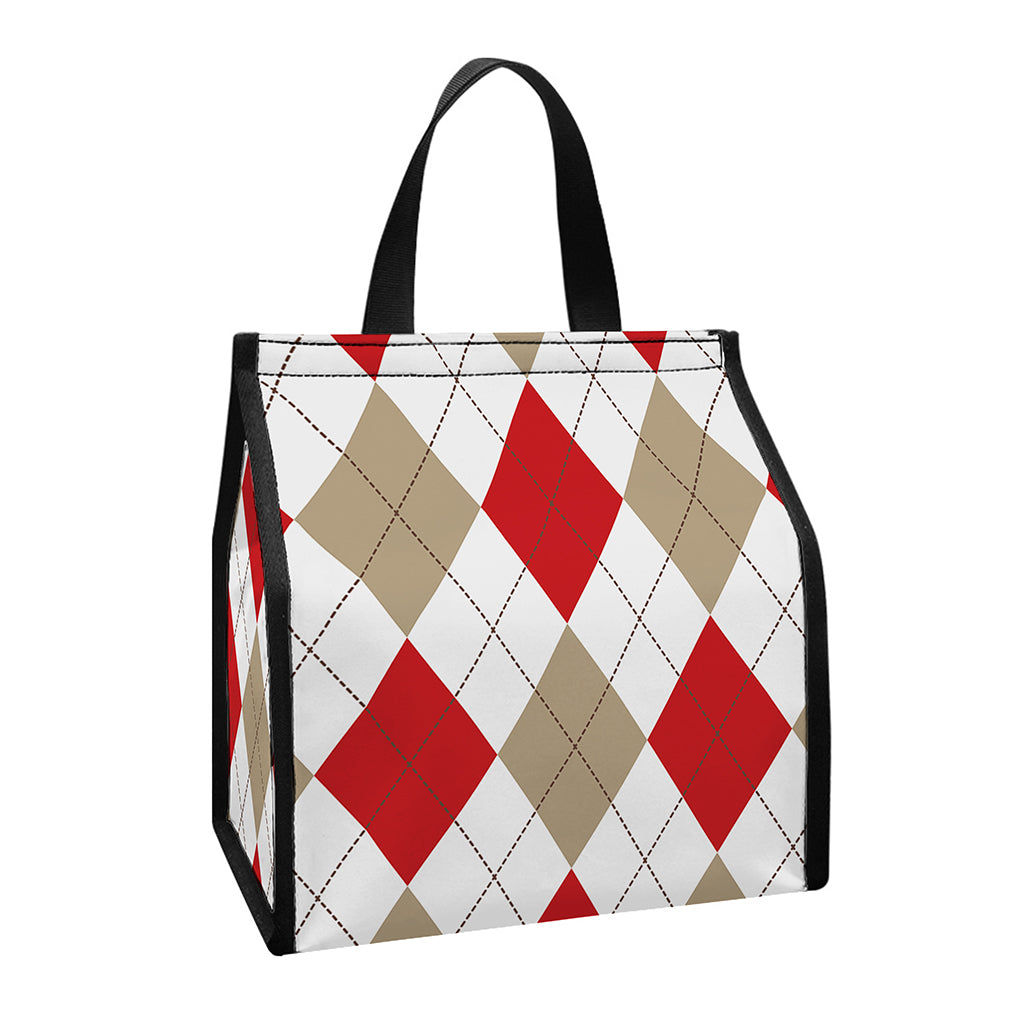 White Red And Beige Argyle Pattern Print Insulated Lunch Tote